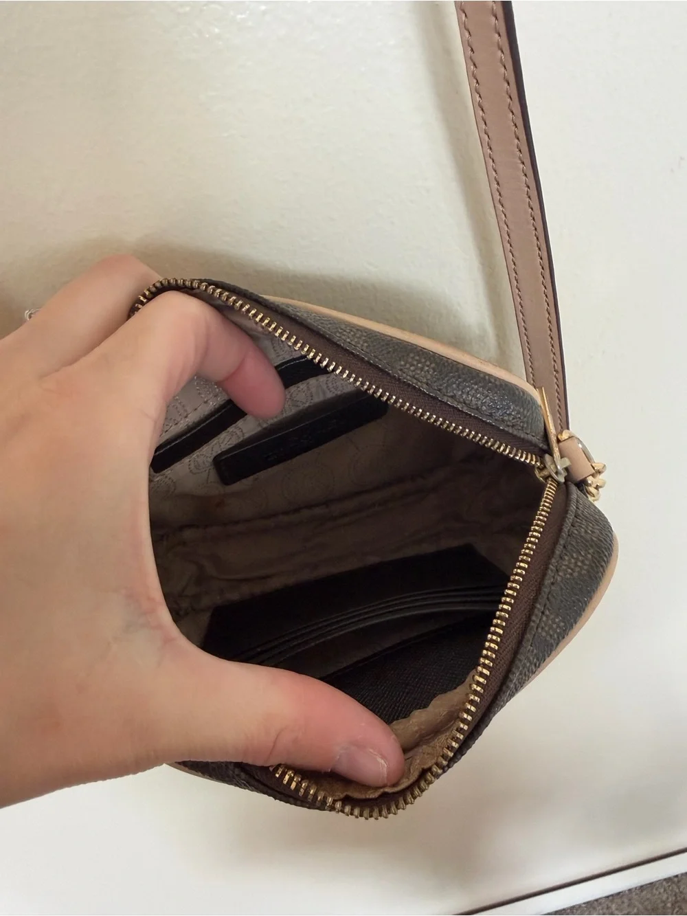 MICHAEL KORS Jet MK Logo Small Signature Camera Crossbody Bag Brown Gold Purse